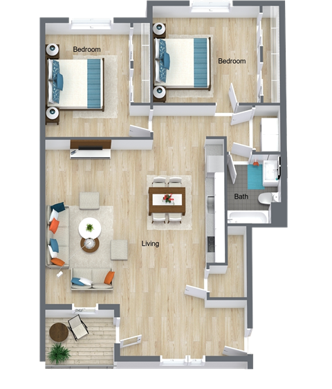 Floor plan for 2 beds, 1 bath, 988 sqft